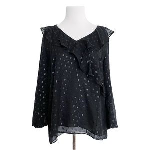 Lilly Pulitzer Olenna Silk Metallic Clip Dot Ruffle Blouse Onyx Black Size L